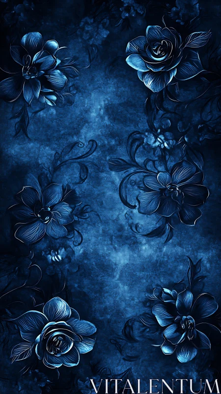 Luminescent floral arrangement rendered with metallic highlights in deep blue palette