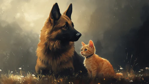 German Shepherd and Orange Cat in Golden Meadow Light.