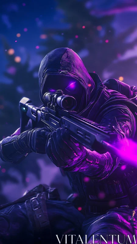 Neon-spectral sniper with scoped rifle in dynamic engagement.