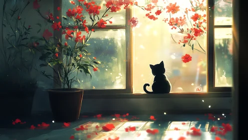 Backlit cat silhouette framed by red blossoms and diffuse bokeh light