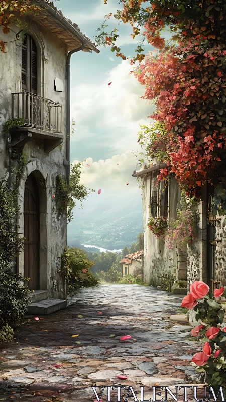 Cobblestone lane quietly pours into a lake of distant light