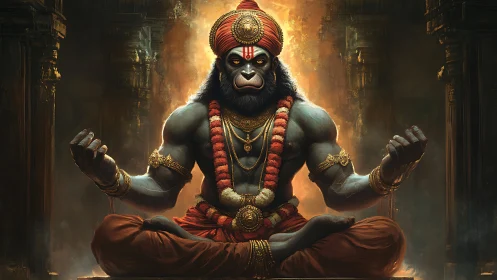 Simian deity meditates in aureate temple light with regal poise