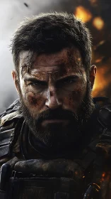 Battle-worn soldier holds a steady gaze in blazing chaos