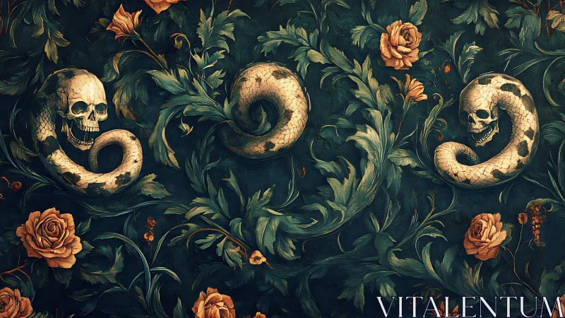 Skulls and serpentine forms intersect with dense floral foliage