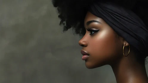 Elegant profile portrait of young woman with afro and gold hoop earring.