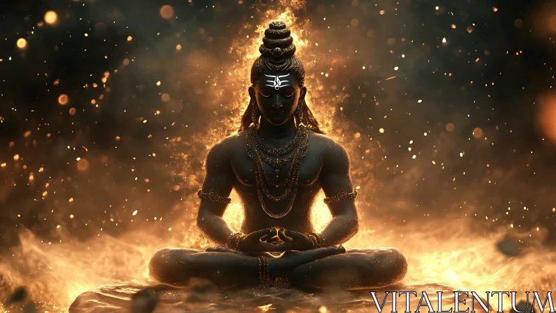 Meditating deity figure sits in lotus amid glowing fiery aura