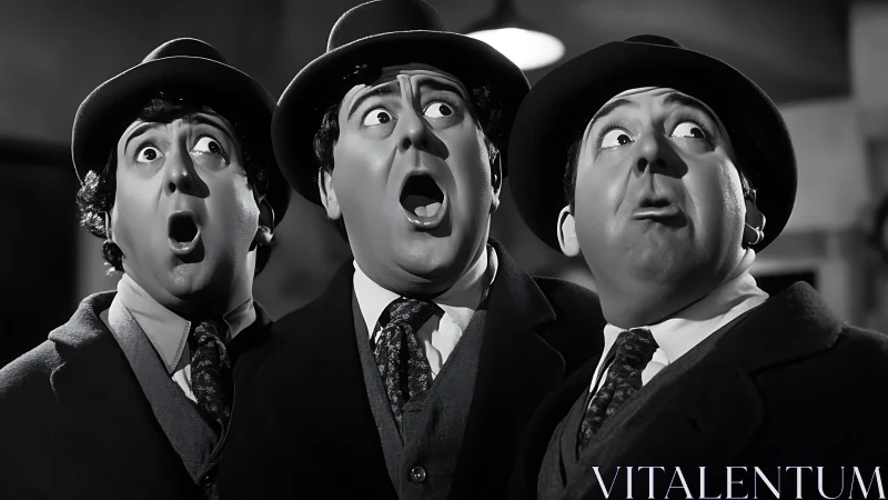 Three surprised gentlemen sharing a wonderfully comic moment.