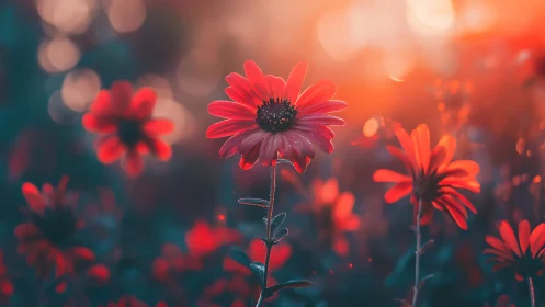 Red Daisies Glowing in Golden Sunlight.