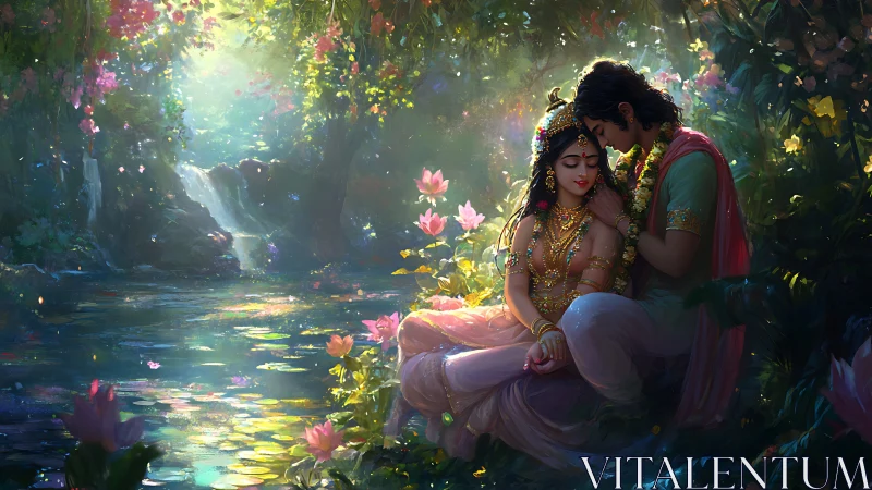 Luminescent Garden Encounter: Digital Mythological Romance Study.