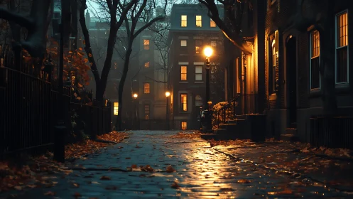 Lamp-lit autumn alley whispers through rainy city dusk.