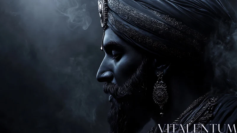 Low-key side profile of regal turbaned figure with ornate jewelry