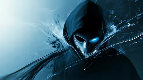 Enigmatic hooded phantom glows with electric blue energy