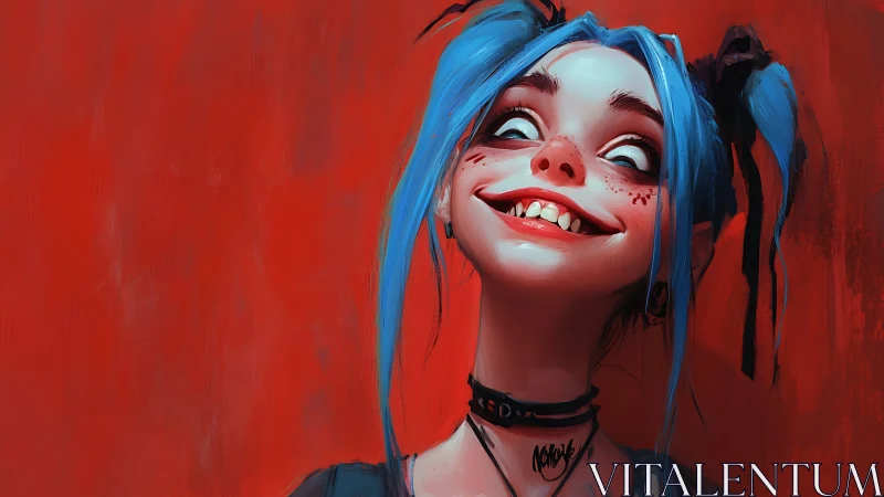 Chromatic manic portrait with cyan pigtails on scarlet field.