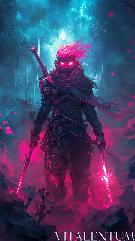 Cyberpunk neon ronin with dual blades in volumetric haze.