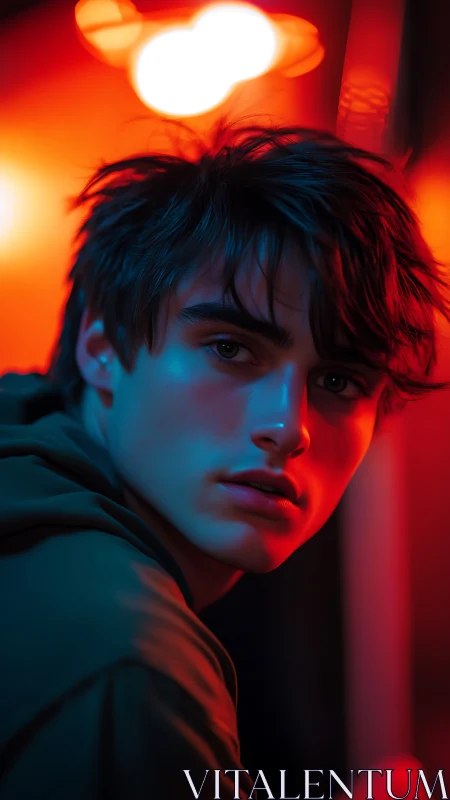 Young man in neon red and blue cinematic portrait lighting