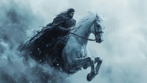Armored rider on white horse in dense icy storm.