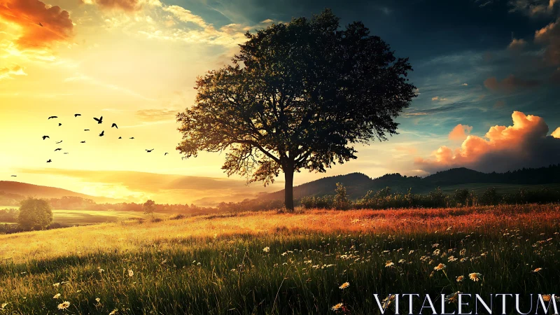 Lone tree divides glowing sunset sky over wildflower meadow