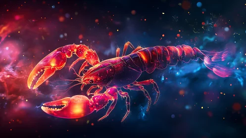Neon cosmic lobster drifts through a glowing galactic tide