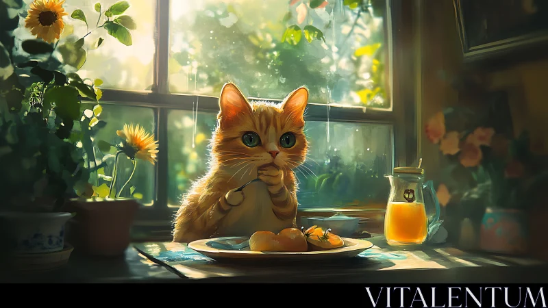 Orange Cat Dining by Sunlit Window with Plants