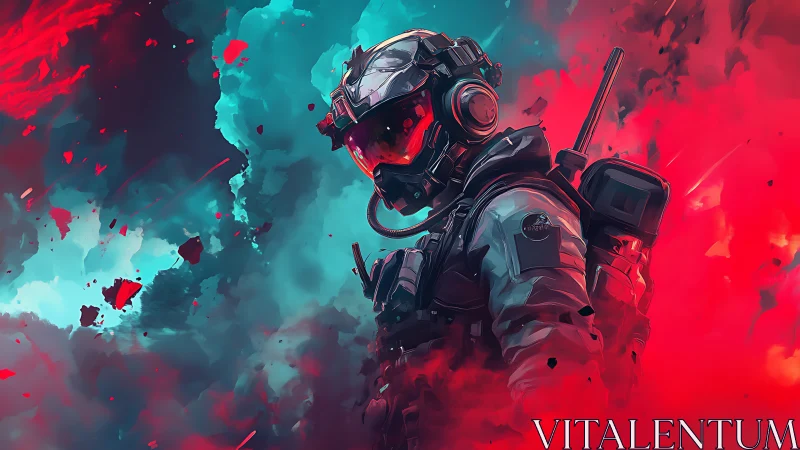 Armored sci-fi soldier stands in dual-color vapor field