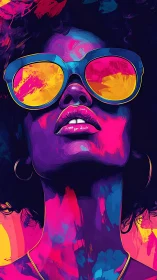 Neon duotone portrait with reflective sunglasses and bold glow.