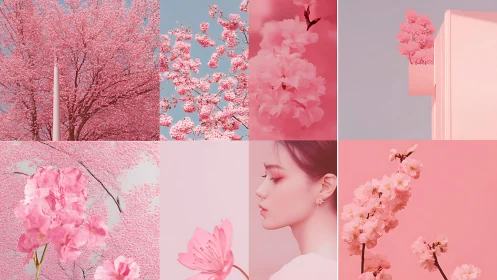 Cotton candy blossoms and quiet muse in pastel dreamscape.