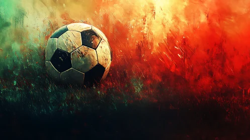 Lone soccer ball rests in vivid abstract stadium light