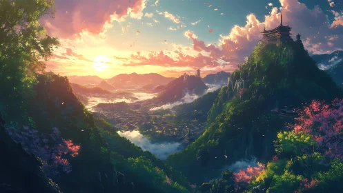 Sunlit mountain valley with distant pagoda city glows warmly