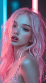 Neon-lit pink haired model under cool cyan backlights.