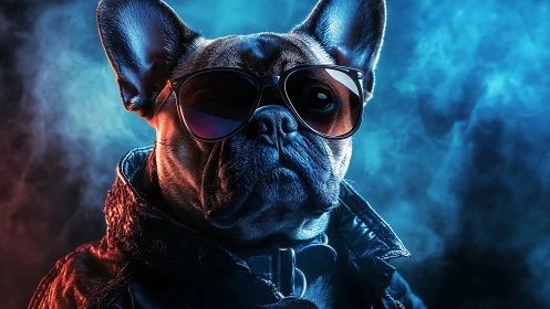 Leather-clad bulldog owns the neon night with icy calm
