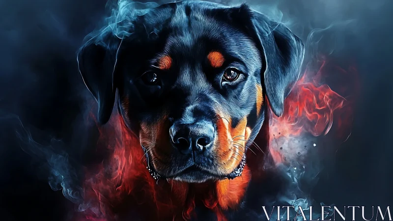Strong rottweiler gazes calmly through swirling red smoke