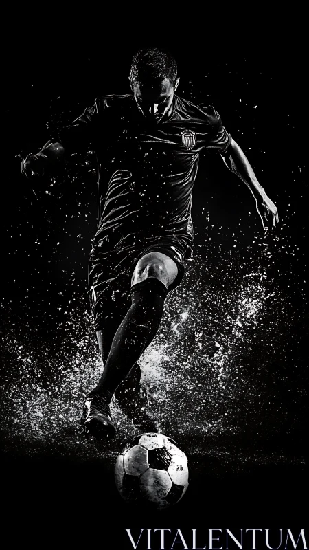 High contrast monochrome capture of soccer kick with dynamic water spray
