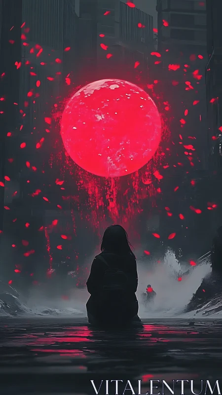 Solitary figure before glowing red orb in flooded cityscape.