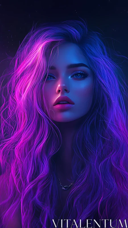 Neon-lit portrait highlights ethereal woman in violet glow