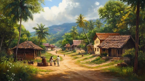 Rural village street extends between trees and hillside