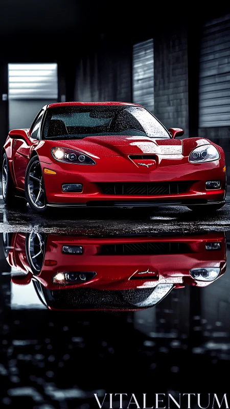 Wet-surface reflective study of red performance coupe geometry.