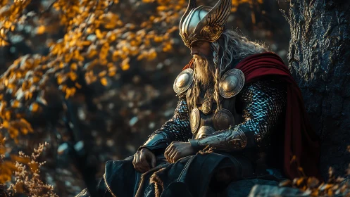 Golden-armored warrior resting beneath autumnal forest canopy.