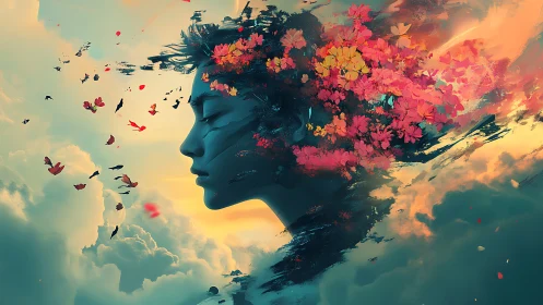 Dreaming sky spirit with blossoms drifting into light.