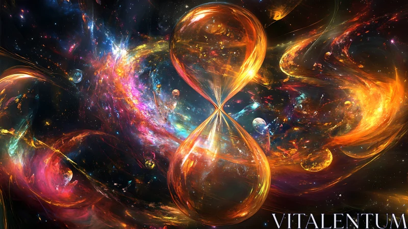 Cosmic hourglass glowing with swirling galaxies and stardust.