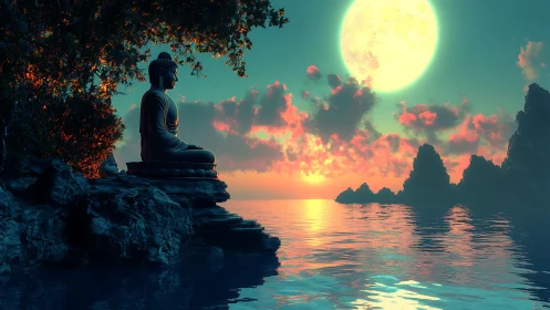 Buddha statue on rocky shore under large moon at dusk.