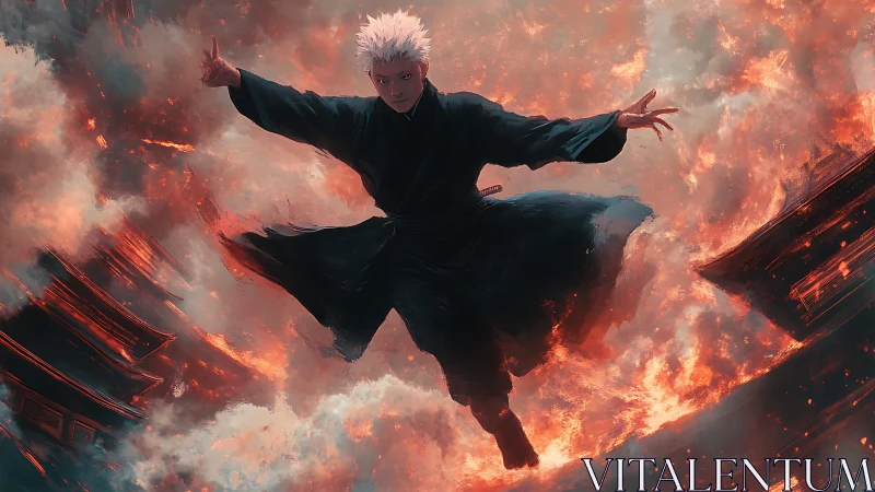 Storm-eyed warrior soars through swirling firelit skies