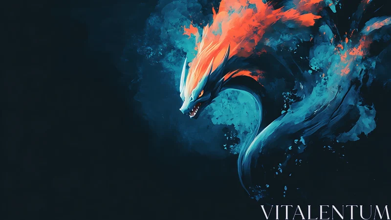 Fiery blue dragon serpent painted on dark abstract void.