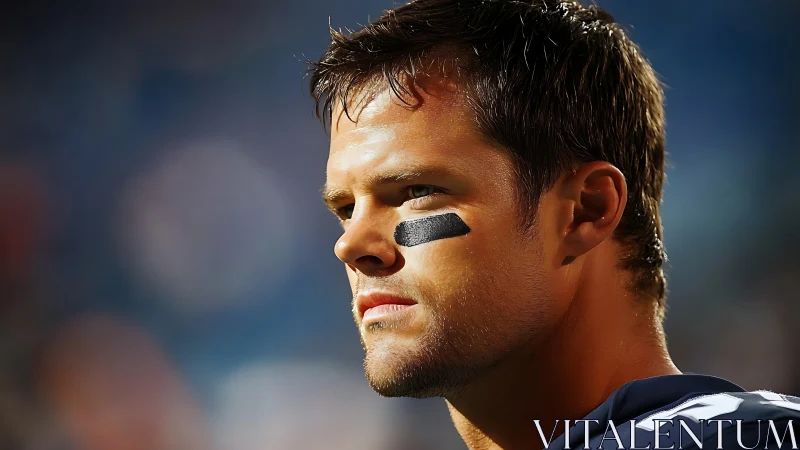 Focused football player gazing ahead with quiet determination.