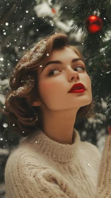 Woman with red lips gazes beside snowy Christmas tree
