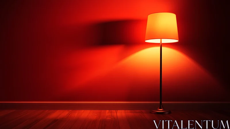 Crimson room hushes while a lone floor lamp quietly blazes