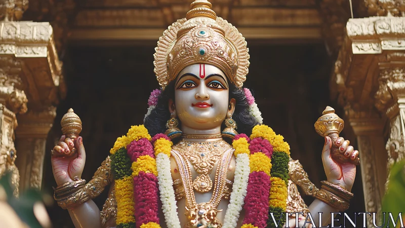 Divine Hindu deity sculpture with garlands and gold decor.