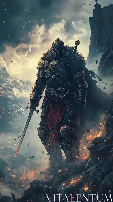 Armored warrior on burning mountainside under stormy sky.