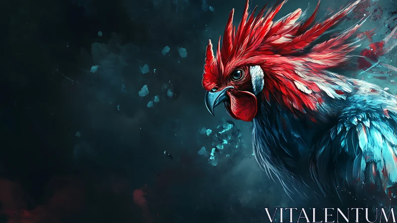 Bold crimson rooster glows against a deep cosmic night sky