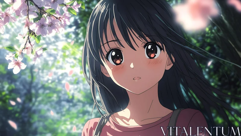 Anime girl under cherry blossoms in soft forest light.