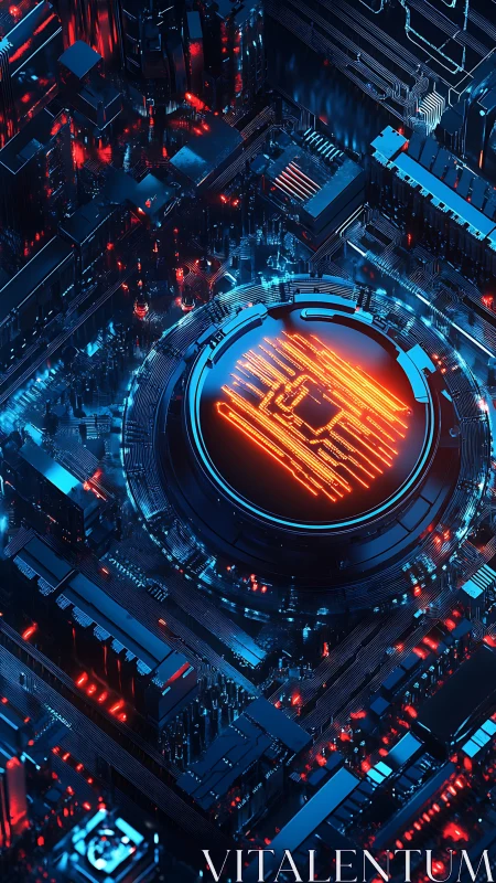 Neon cyber core renders glowing circuitry within dark board.